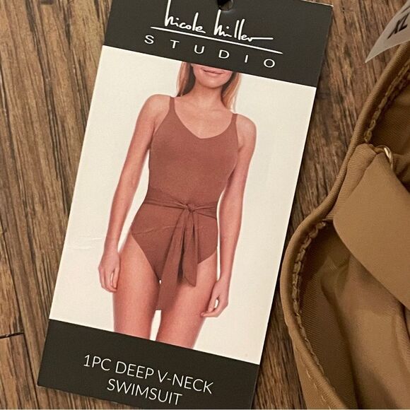 NWT Nicole Miller One Piece Deep VNeck With Sash Swim Suit Tan Size XL - Picture 11 of 11